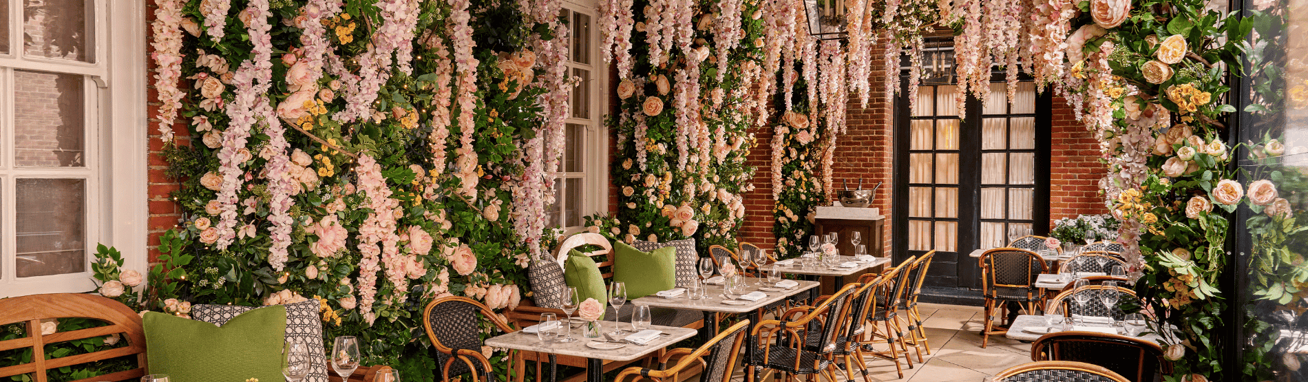 Dalloway Terrace with spring flower decorations and tables